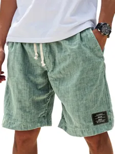 Pantalones cortos de lino casual para hombre, bermudas de playa de verano con cordón.