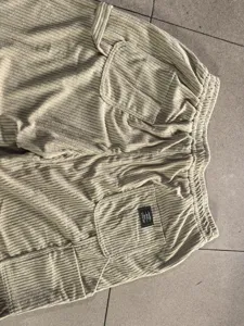 Mens corduroy casual straight pants retro ribbed drawstring trousers loose six pockets detail