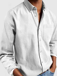 Men's long sleeve casual cotton shirt with chest pocket and button down collar for daily wear.