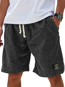Pantalones cortos de lino casual para hombre verano suelto playa cordón etiqueta