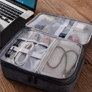 Grey 3-layer electronic accessories organizer bag, multi-functional digital storage case
