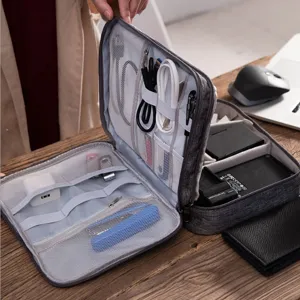 Cationic polyester electronics organizer bag, multi-layer travel cable storage bag.