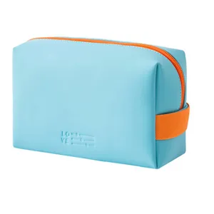 Candy color PU cosmetic bag portable makeup pouch travel toiletry storage bag with orange handle.