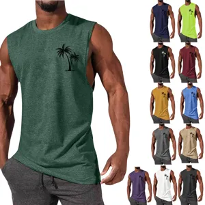 Men's Casual Cotton Blend Tank Top Summer Workout Athletic Fitness Coconut Tree Print Crew Neck Sleeveless Shirt