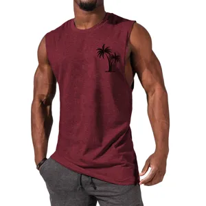 Close-up detail of the maroon muscle tank top showcasing the black palm tree print.