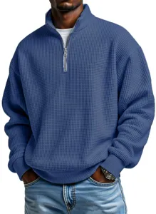 Felpa uomo in maglia waffle mezza zip, top manica lunga casual con tessuto strutturato.