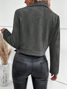 Women winter slim cropped lapel suede jacket back view detail showcasing chic style.