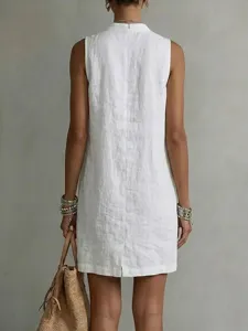 Women summer casual solid color linen sleeveless mini dress back slit minimalist style