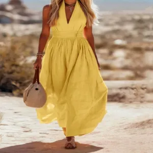 Femme Été Col V Sans Manches Unie Casual Élégante Longue Robe Maxi Mode Plage
