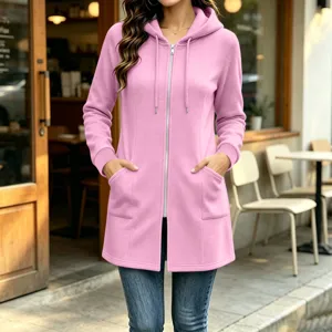 Women long pink fleece hoodie zip up casual sweatshirt with pockets autumn outerwear winter coat