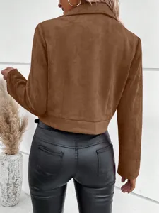 Brown suede crop jacket detail showing lapel and slim fit design, stylish winter wear.