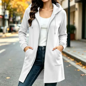 Women long zip up hooded fleece sweatshirt casual solid color outerwear with pockets