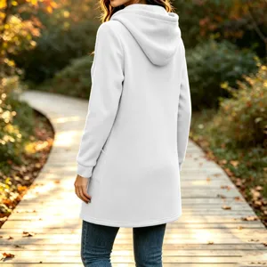 Women's solid white long hooded sweatshirt fleece coat with pockets for autumn casual daily wear