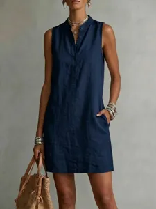 Casual sleeveless linen dress for women, solid color button-up mandarin collar summer dress.