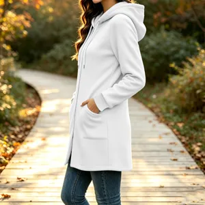 Women long white fleece hoodie jacket autumn winter casual loose hooded outerwear with pockets