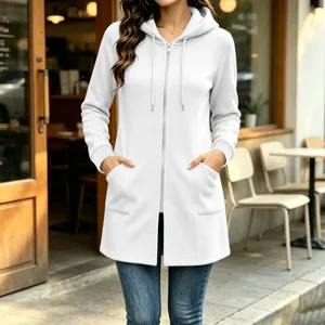 Detailed view of a casual white zip-up hoodie featuring a cozy hood and convenient side pockets.