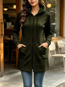 Women's Casual Fleece Lined Hooded Long Sweatshirt Jacket Solid Color Zip Up Drawstring Outerwear With Pockets