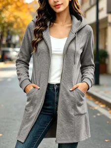 Women's long grey zip-up hooded sweatshirt casual fleece lined outerwear with pockets.