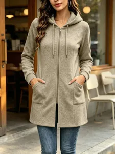 Women long sleeve zip up fleece hoodie solid color casual long outerwear with pockets for autumn