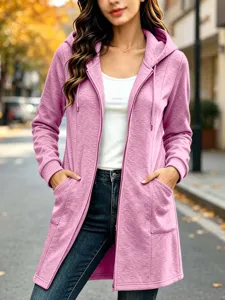 Women's Long Hooded Zip-Up Fleece Sweatshirt Jacket Pink Casual Outerwear Main View Display