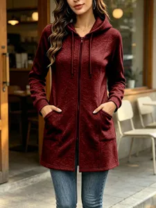 Women Long Hooded Zip Up Sweatshirt Fleece Solid Casual Outerwear With Pockets Maroon