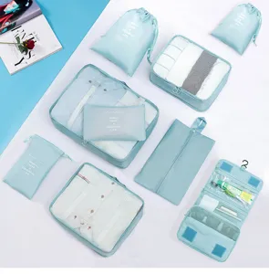 Detail view of the 9-piece blue travel storage bags set for luggage organization.