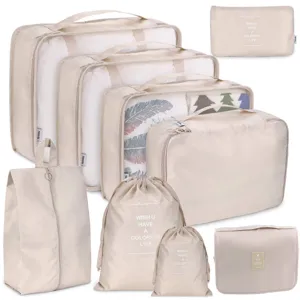 9-piece travel organizer bags set beige packing cubes for suitcase luggage portable storage bag