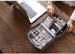 Detailed view of grey electronics organizer bag with compartments for cables and hard drives.