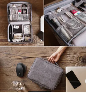 Detailed view of the waterproof electronic accessories organizer bag with mesh pockets.
