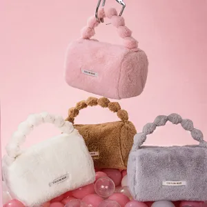 Women Cute Plush Handbag Autumn Winter Soft Fluffy Top Handle Bag Small Crossbody Bag Bubble Ball Handle Cosmetic Bag