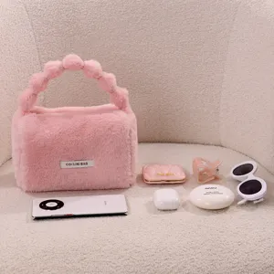 Pink fluffy handbag for women, cute bubble handle crossbody fuzzy plush mini bag.