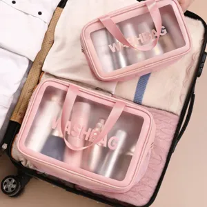 Pink PU transparent travel wash bag, double layer waterproof cosmetic organizer for women.