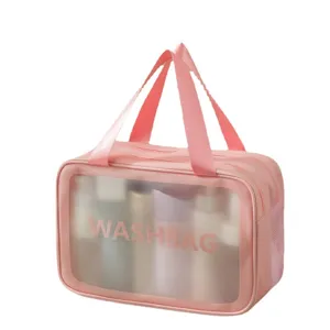 Waterproof transparent PU double layer wash bag, portable large capacity cosmetic bag.