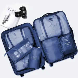7-teiliges Reise-Packtaschen Set blaue Koffer-Organizer fuer Kleidung und Accessoires