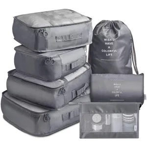 7-teiliges Reise-Organizer-Set, graue Packtaschen für Koffer und Kleidungsorganisation.