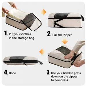 Compressible travel packing cubes set for luggage organization, portable compression bags.