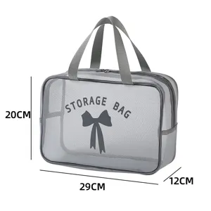Grey mesh storage bag large capacity portable toiletry bag beach bag with handles