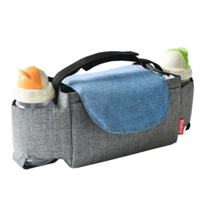 Stroller organizer bag grey baby pram storage bag with bottle pockets and denim flap