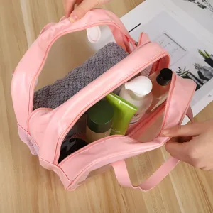 Pink double layer waterproof toiletry bag large capacity clear PVC cosmetic storage bag travel