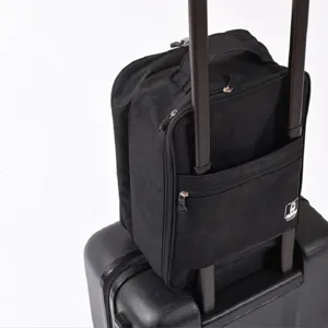Black travel shoe bag storage organizer with luggage handle sleeve for portable outdoor trips.