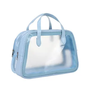 Clear PVC Toiletry Bag Candy Color Beach Bag Waterproof Double Layer Travel Cosmetic Bag