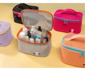 Mesh cosmetic bag detail, colorful portable travel wash bag with zipper and large capacity.