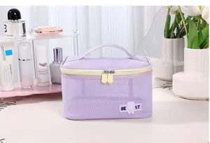 Large capacity purple mesh cosmetic bag with handle, portable toiletry and makeup storage organizer.