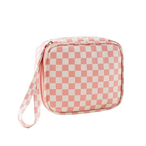 Pink checkerboard portable sanitary napkin storage bag cute cosmetic pouch for daily use.