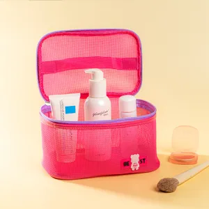 Large capacity mesh toiletry bag, breathable candy color cosmetic organizer pouch.