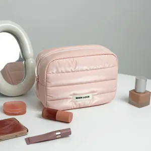 Pink glossy quilted cosmetic bag travel makeup pouch large capacity toiletry organizer