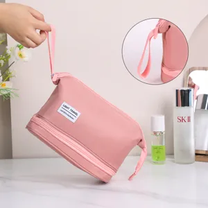 Grande capacita doppio strato borsa da toeletta rosa impermeabile organizer trucco