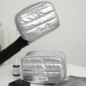 Silver quilted cosmetic bag, portable large capacity travel makeup storage pouch for women