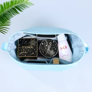 Grande capacità doppio strato borsa da toeletta borsa trucco azzurro da viaggio