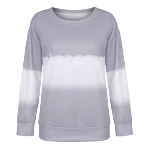 Detailed view of women's long sleeve crewneck tie-dye sweatshirt featuring gradient pattern style.